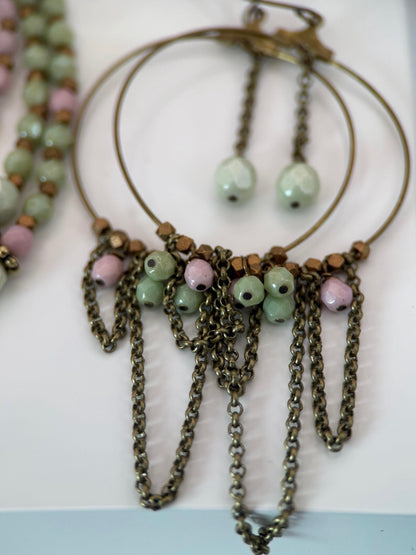 Medium Pink and Green Czech Glass Bracelet and Earrings Set