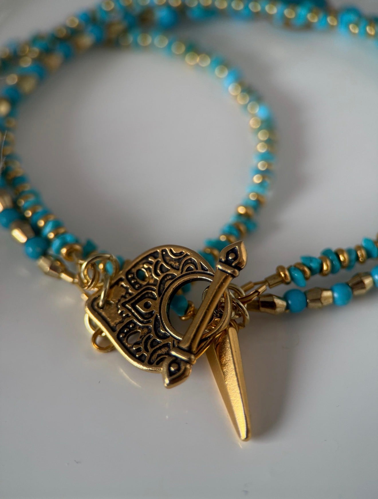 Medium Gold and Turquoise Triple Strand Bracelet and Earrings Set