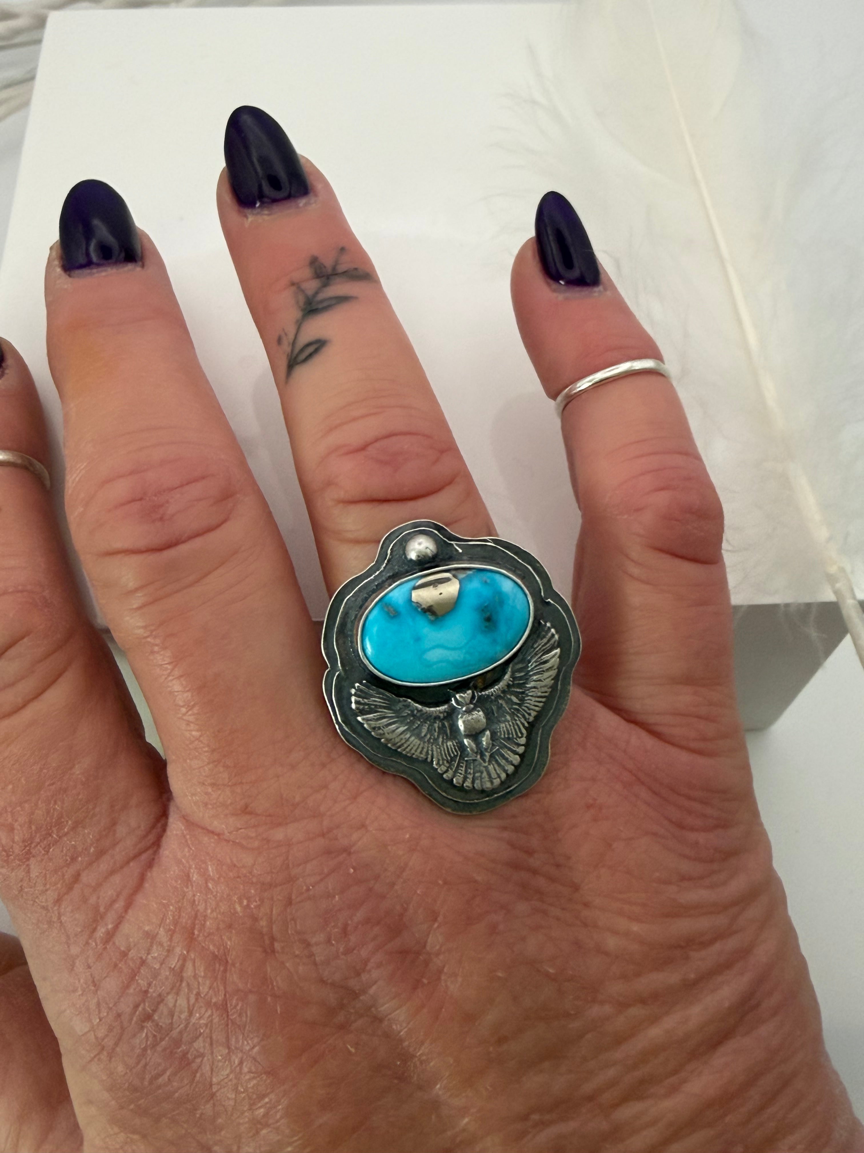Bluebird Turquoise Silver Owl Ring
