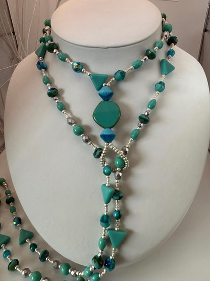 Long Lariat Wrap Turquoise Czech Glass Necklace