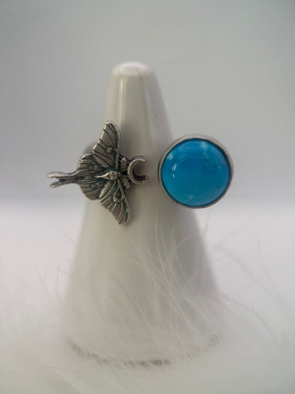 Kingman Turquoise and Moth Adjustable Ring