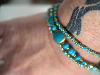 Medium Gold and Turquoise Triple Strand Bracelet and Earrings Set