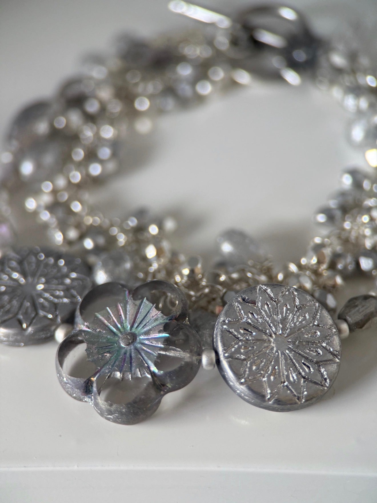 Medium Silver Czech Glass Flower Double Strand Bracelet