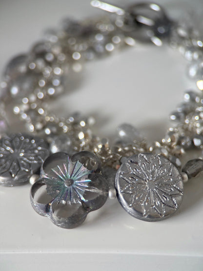 Medium Silver Czech Glass Flower Double Strand Bracelet
