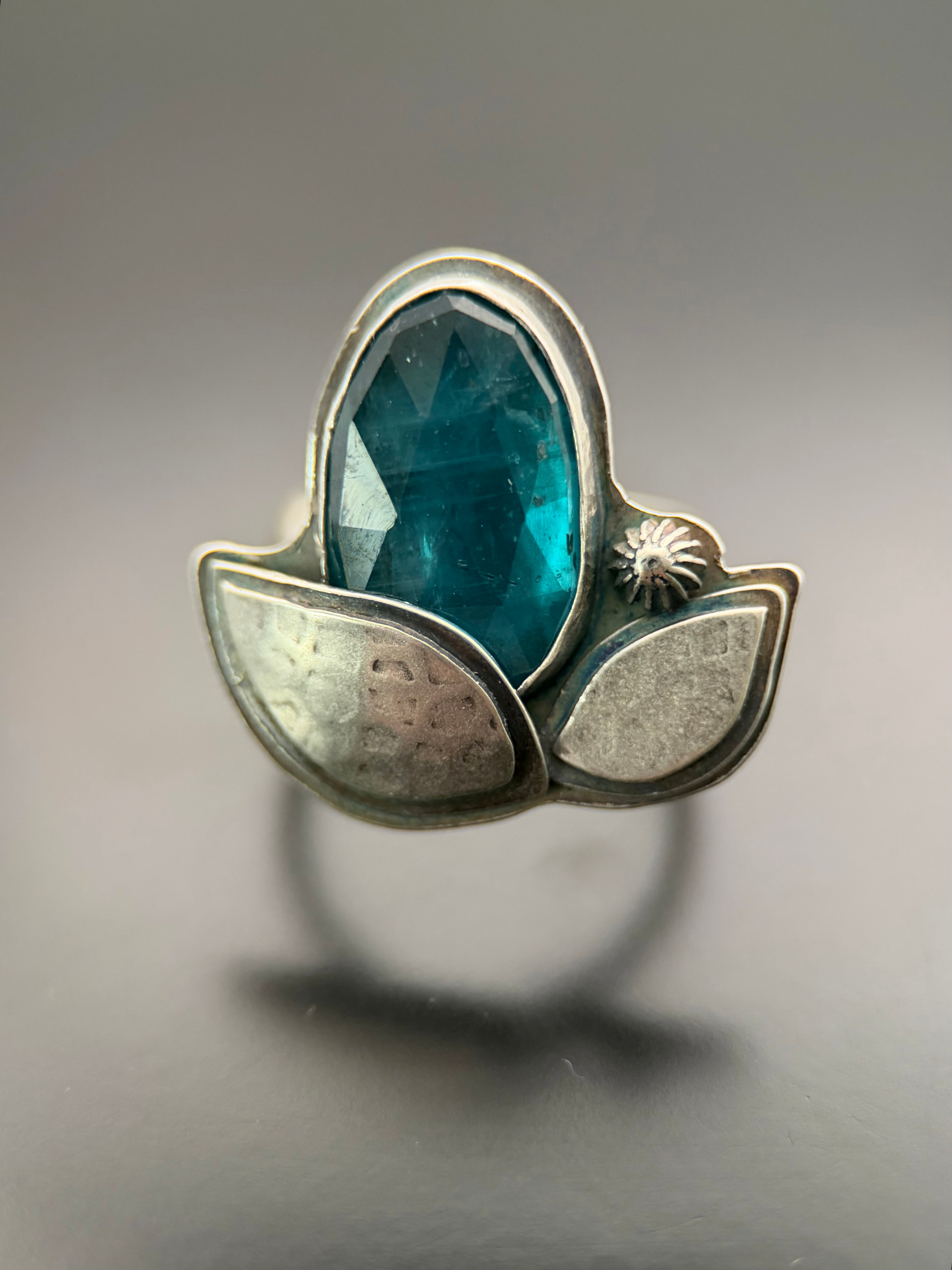 Teal Kyanite and Leaf Silver Ring