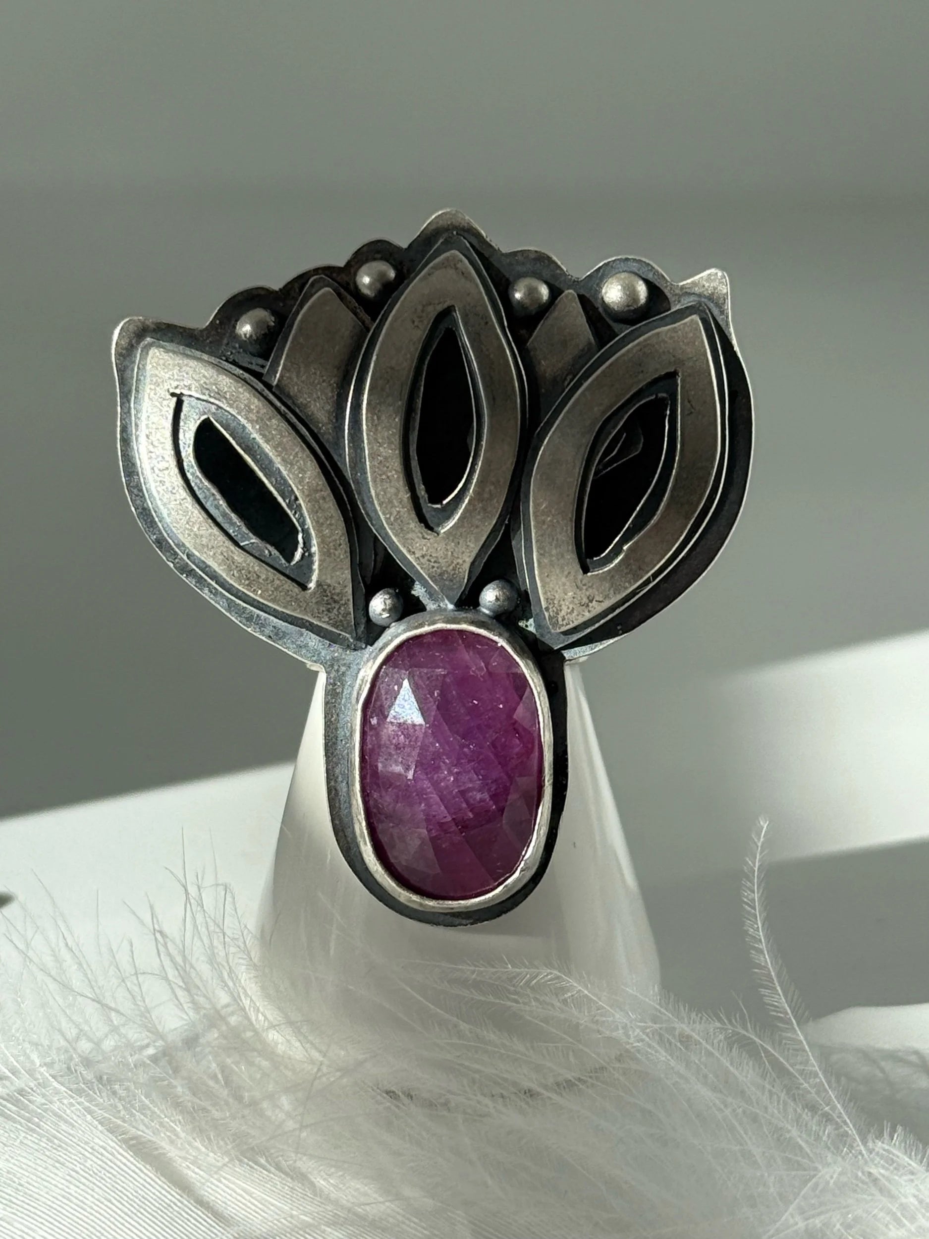 Pink Sapphire Silver Lotus Ring
