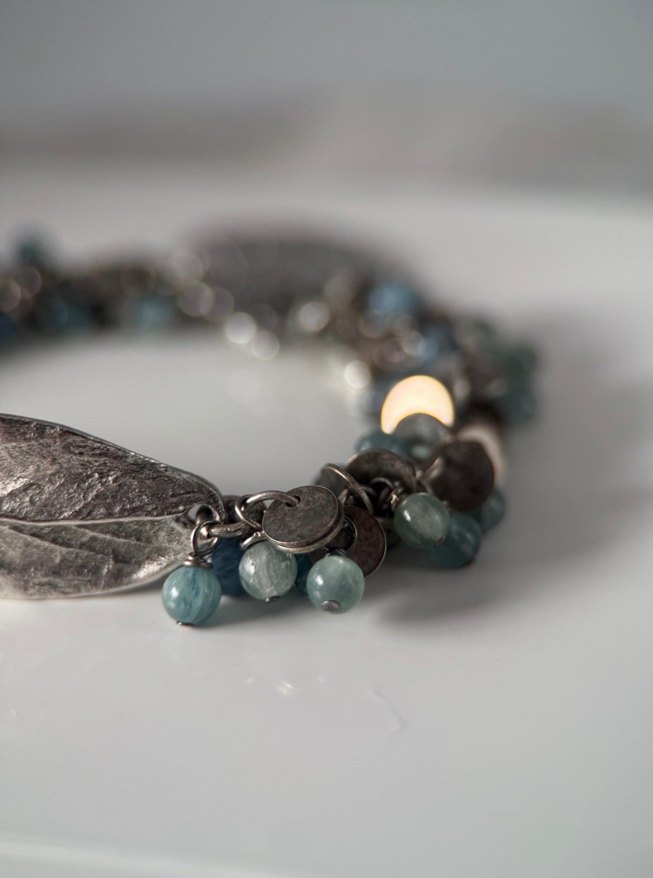 Medium Silver Kyanite Leaf Charm Bracelet