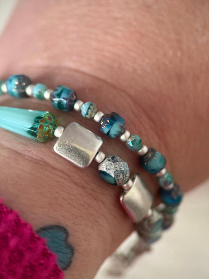 Medium Aqua Czech Glass Double Strand Bracelet