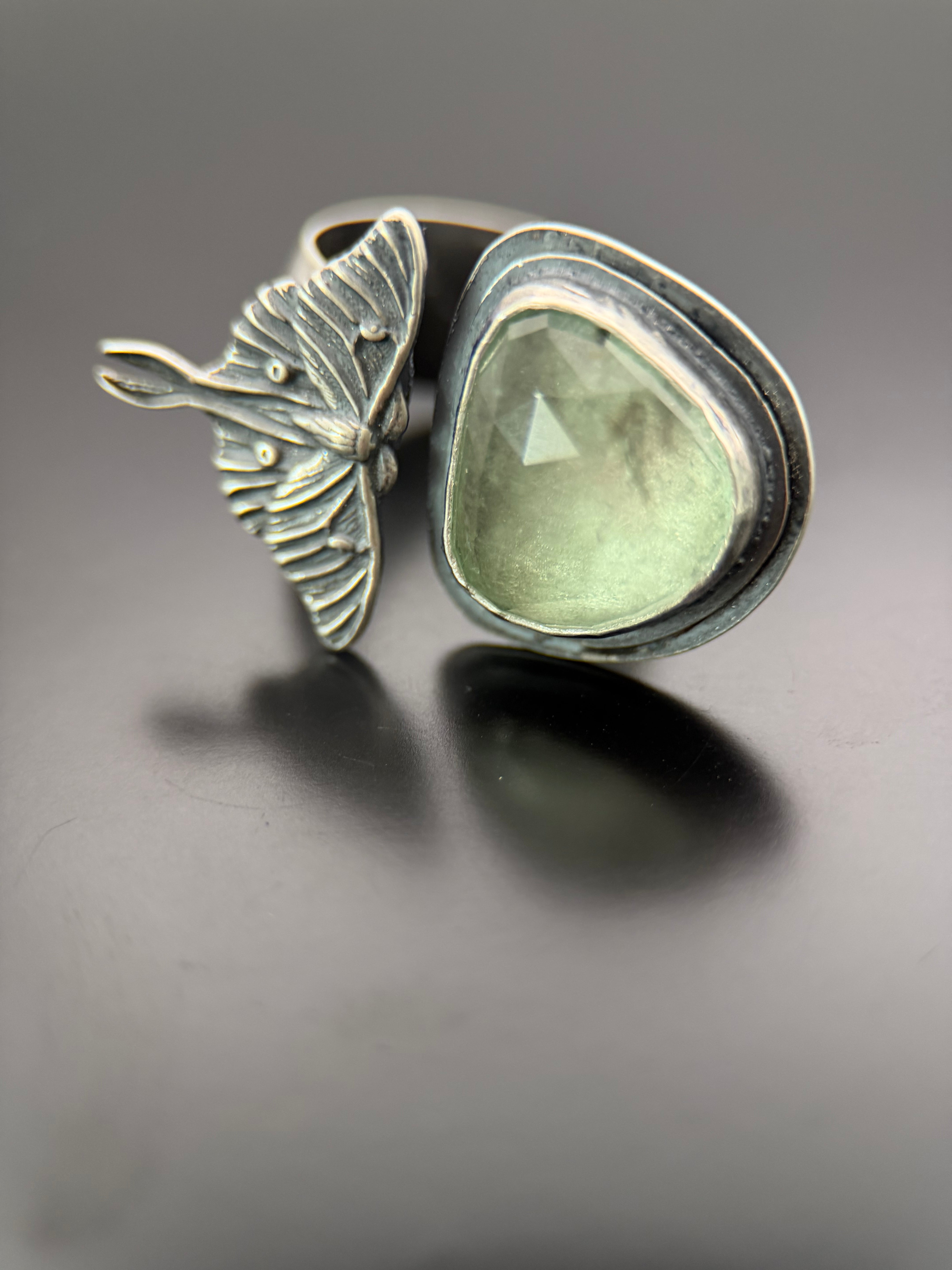 Luna Moth and Tourmaline Open Concept Silver Ring