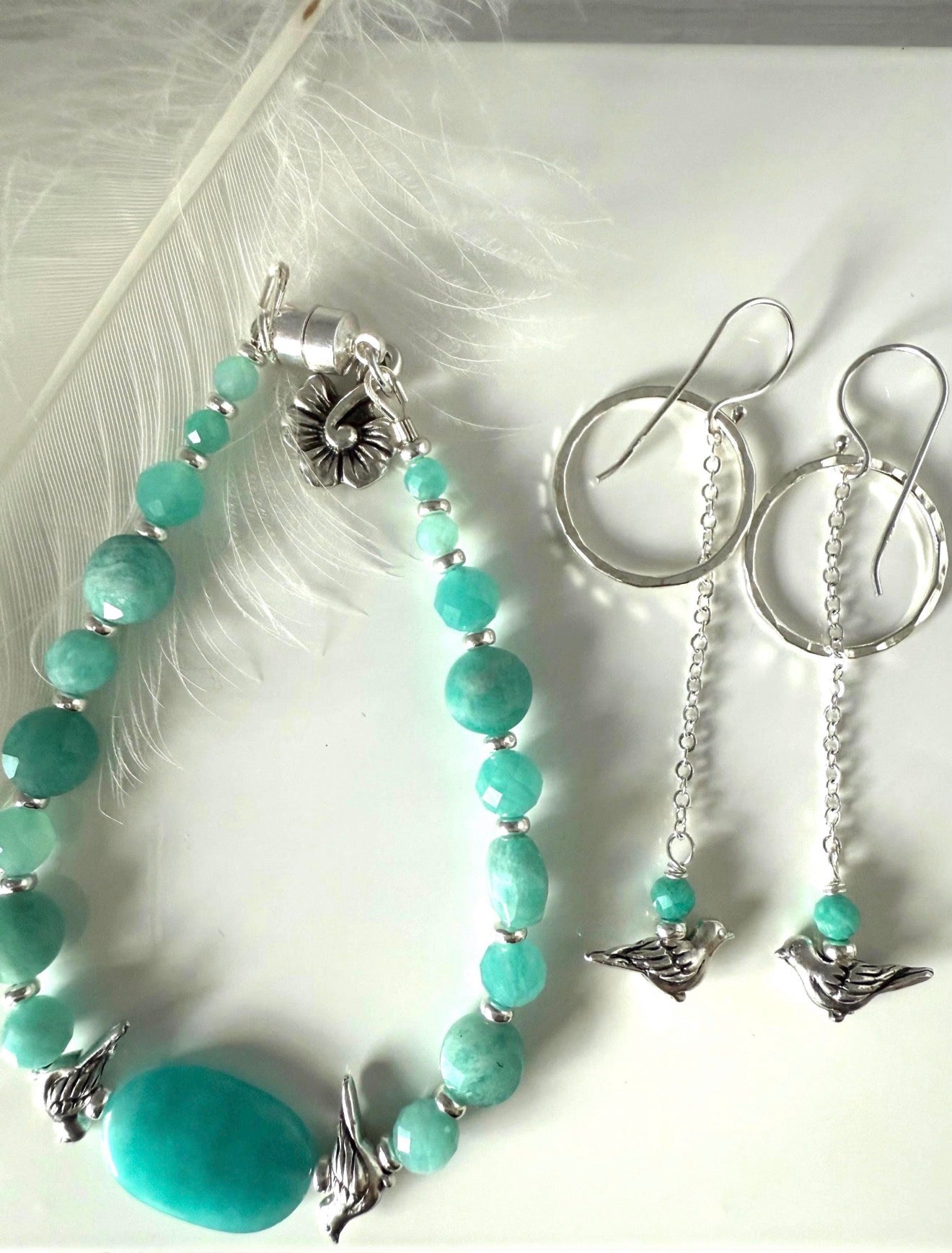 Medium Bird and Amazonite Bracelet and Earrings Set