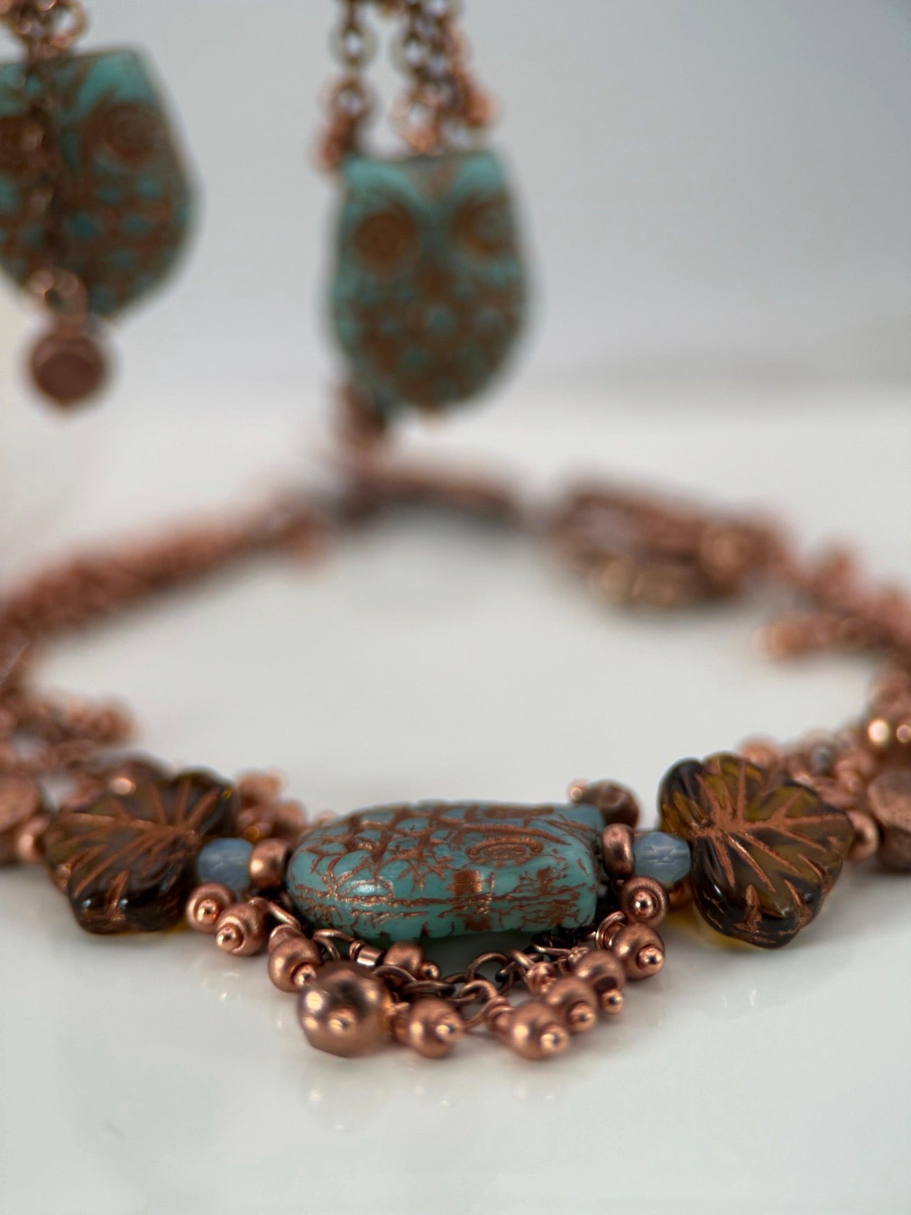 Medium Copper Owl Czech Glass Bracelet and Earrings Set