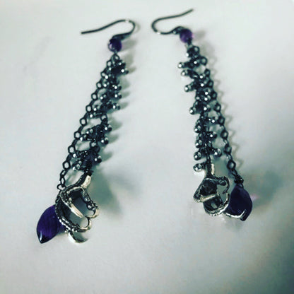 Amethyst & Bird Claw Long Chain Earrings