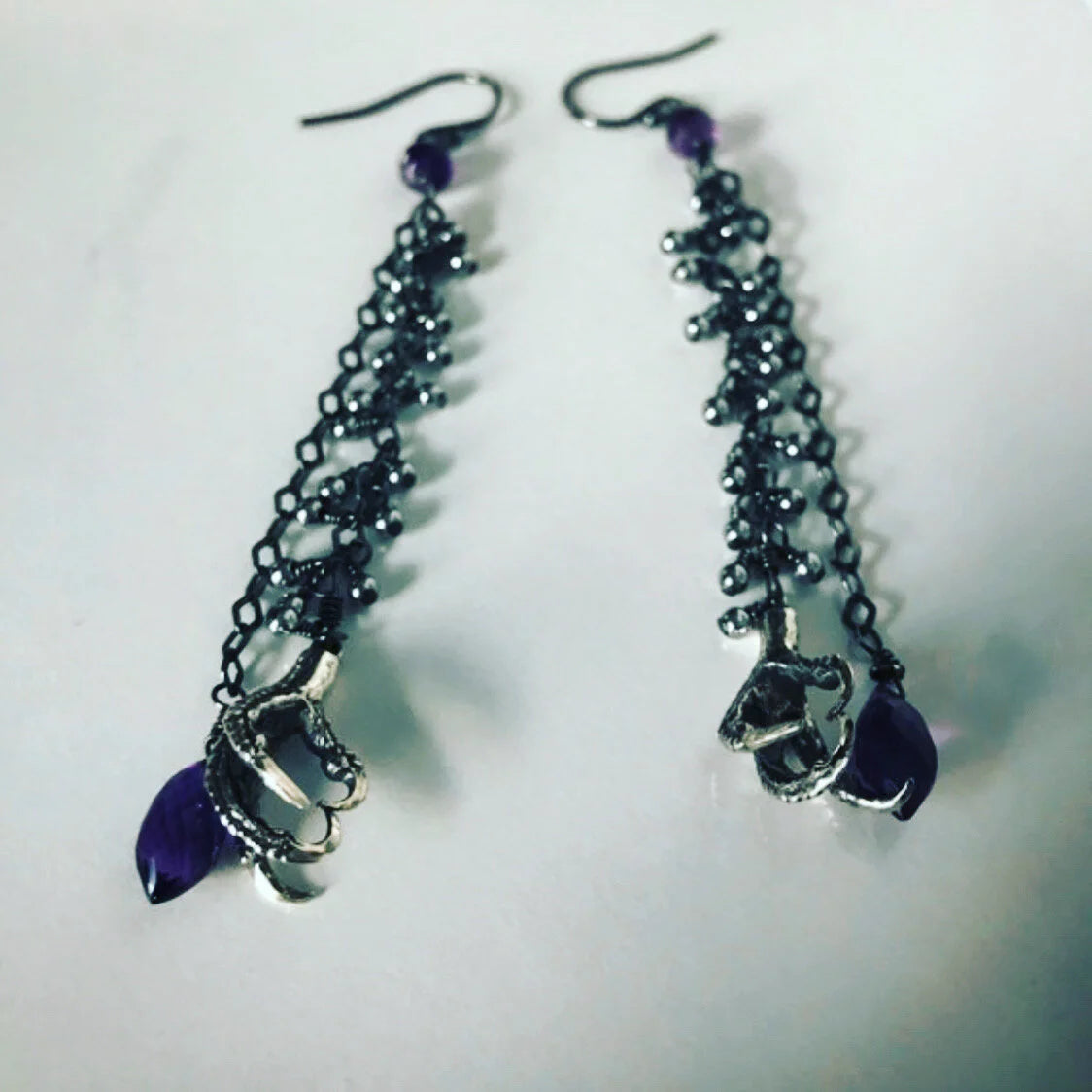 Amethyst & Bird Claw Long Chain Earrings