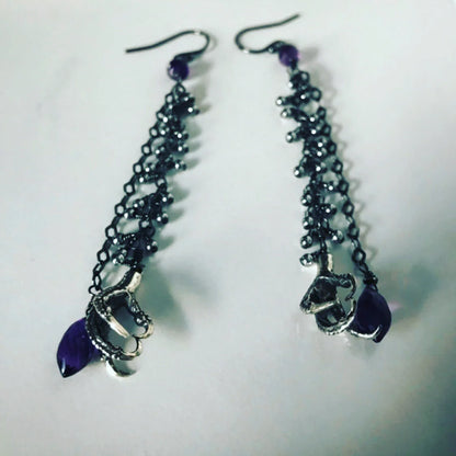 Amethyst & Bird Claw Long Chain Earrings