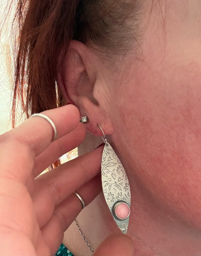 Pink Conch Shell Silver Floral Earrings