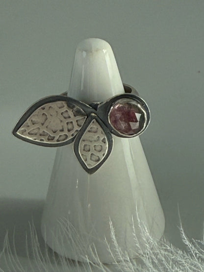Watermelon Tourmaline 2 Leaf Silver Ring