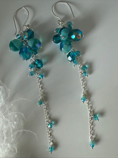 Turquoise and Silver Czech Glass Reverse Cluster Earrings