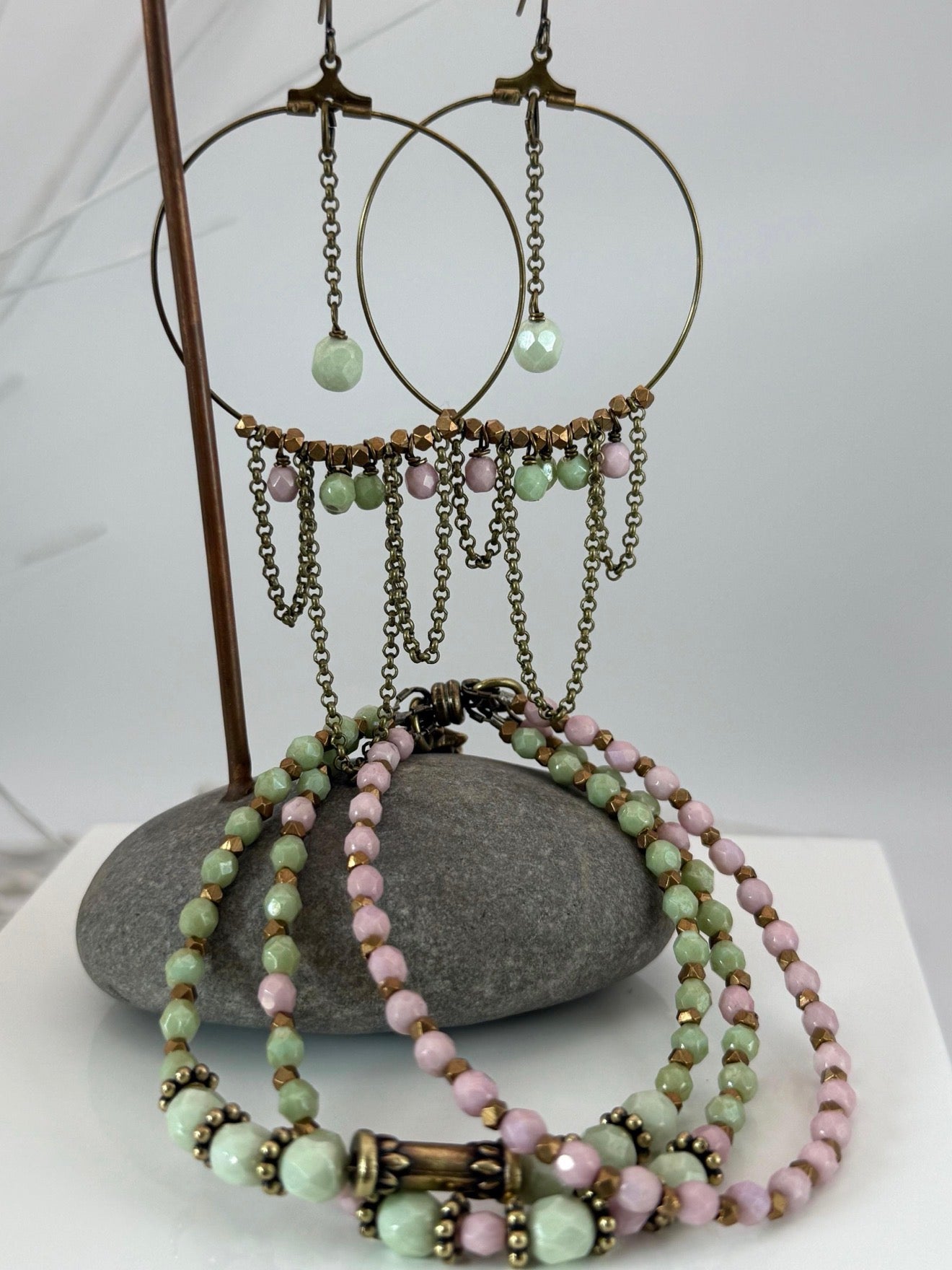 Medium Pink and Green Czech Glass Bracelet and Earrings Set