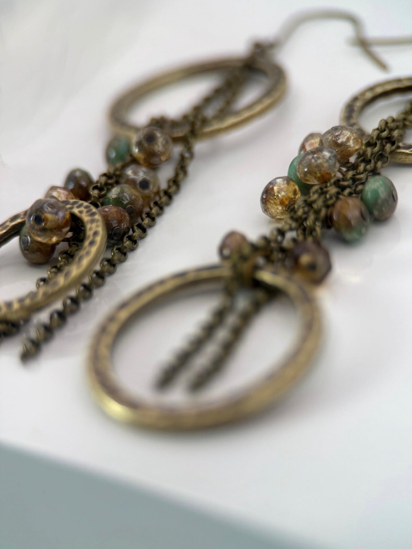 Brass Czech Glass Asymmetrical Brown and Green Earrings