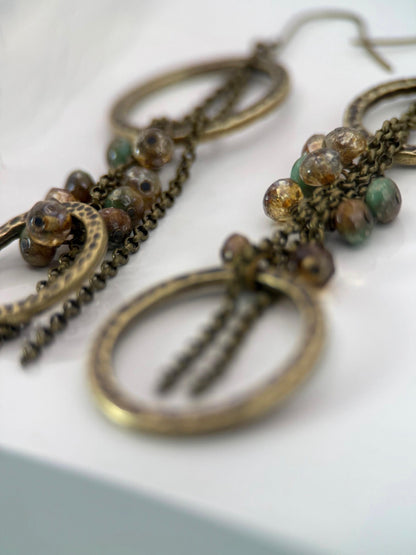 Brass Czech Glass Asymmetrical Brown and Green Earrings