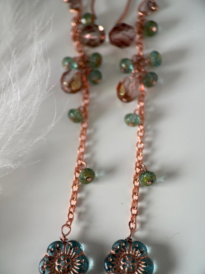 Copper Czech Glass Rose Earrings