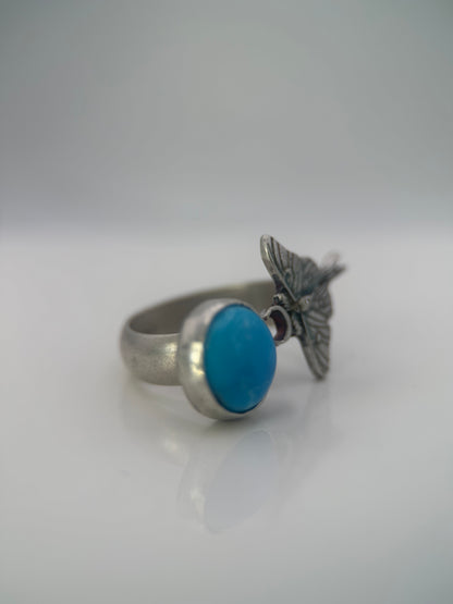 Kingman Turquoise and Moth Adjustable Ring