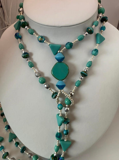 Long Lariat Wrap Turquoise Czech Glass Necklace