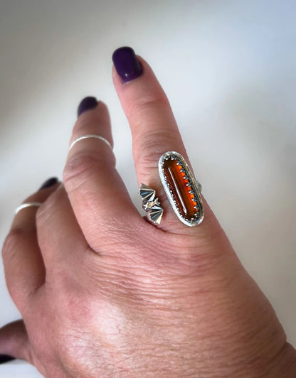 Open Concept Fire Opal & Bat Halloween Adjustable Ring