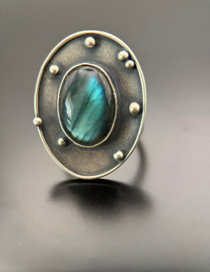 Blue Labradorite Shadowbox Silver Balls Ring