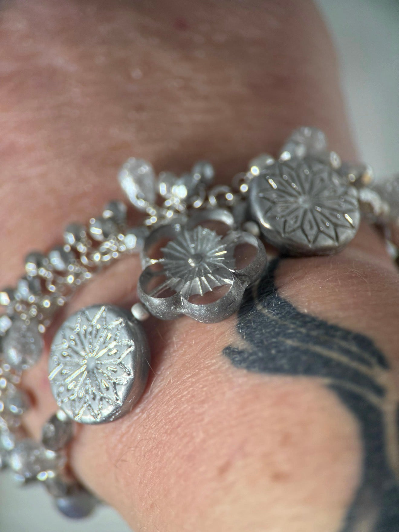 Medium Silver Czech Glass Flower Double Strand Bracelet