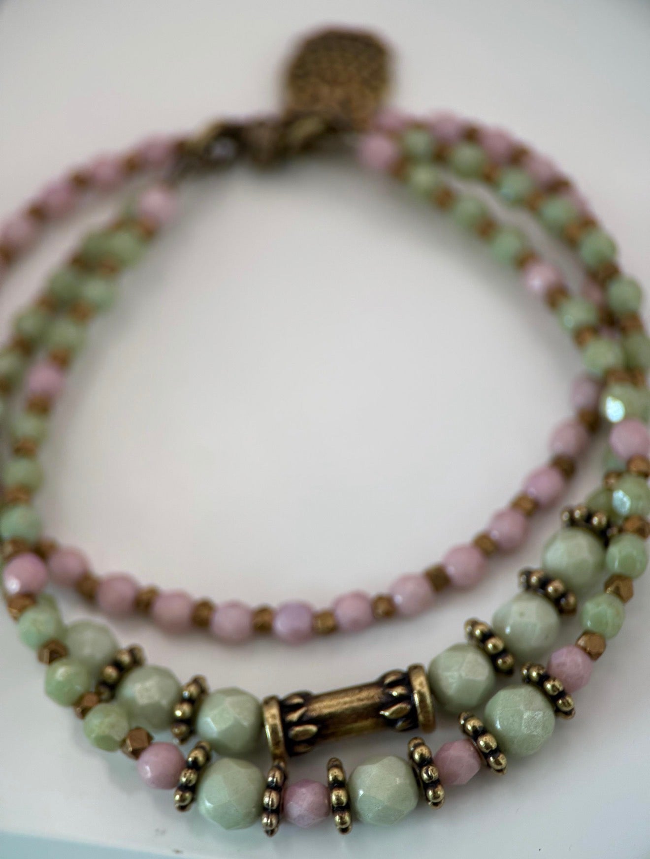 Medium Pink and Green Czech Glass Bracelet and Earrings Set