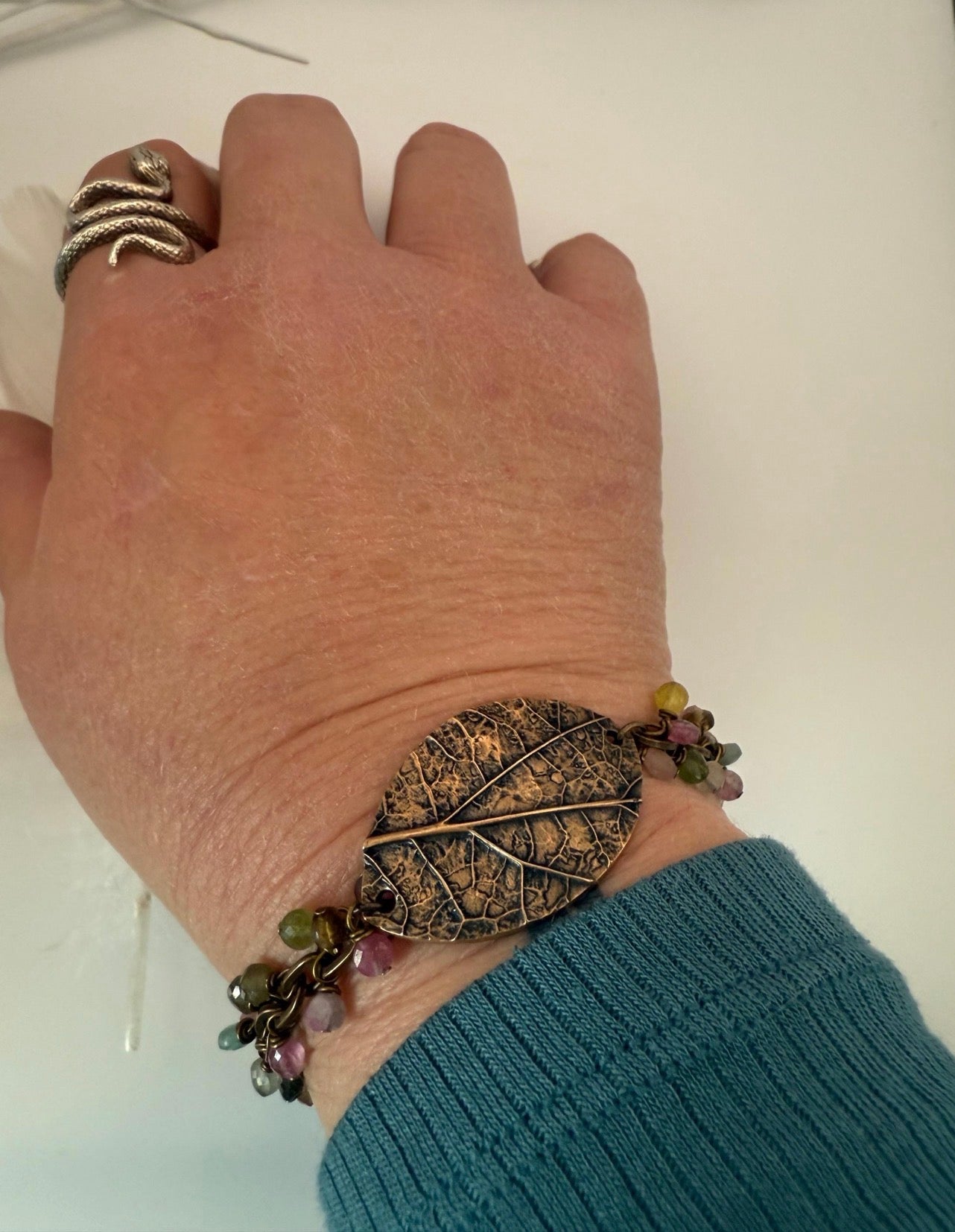 Small Antique Copper and Tourmaline Leaf Bracelet