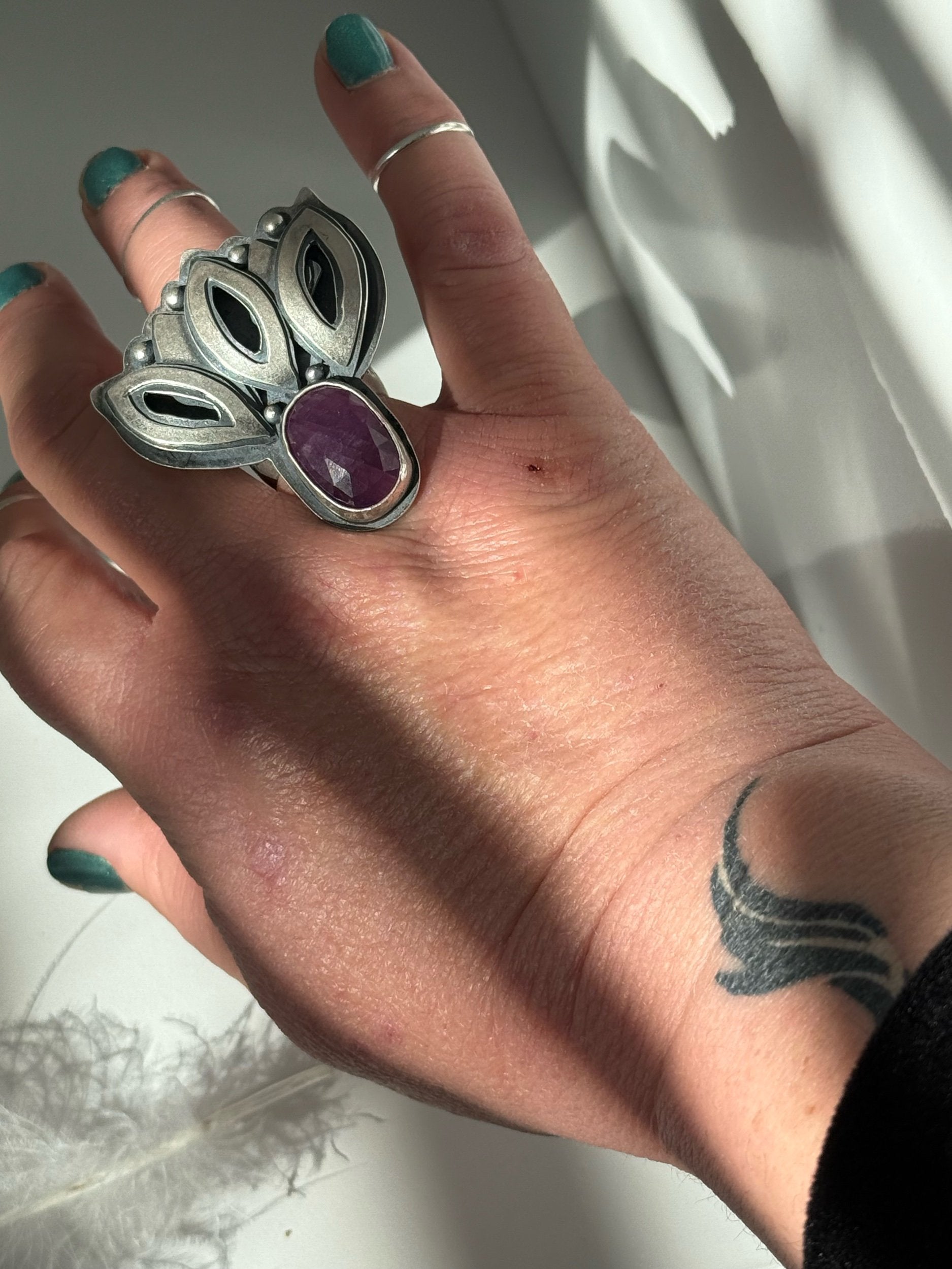Pink Sapphire Silver Lotus Ring