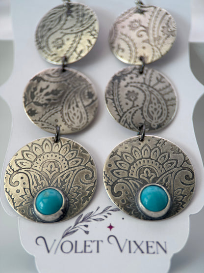 Paisley Kingman Turquoise Silver Disk Earrings