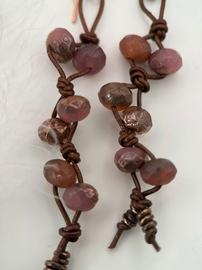 Chocolate Leather and Czech Glass Earthy Pink Earrings