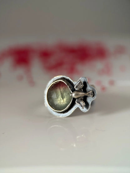 Pink and Pale Green Tourmaline Bird Ring