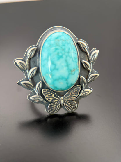 Blue Diamond Turquoise and Silver Butterfly Adjustable Ring