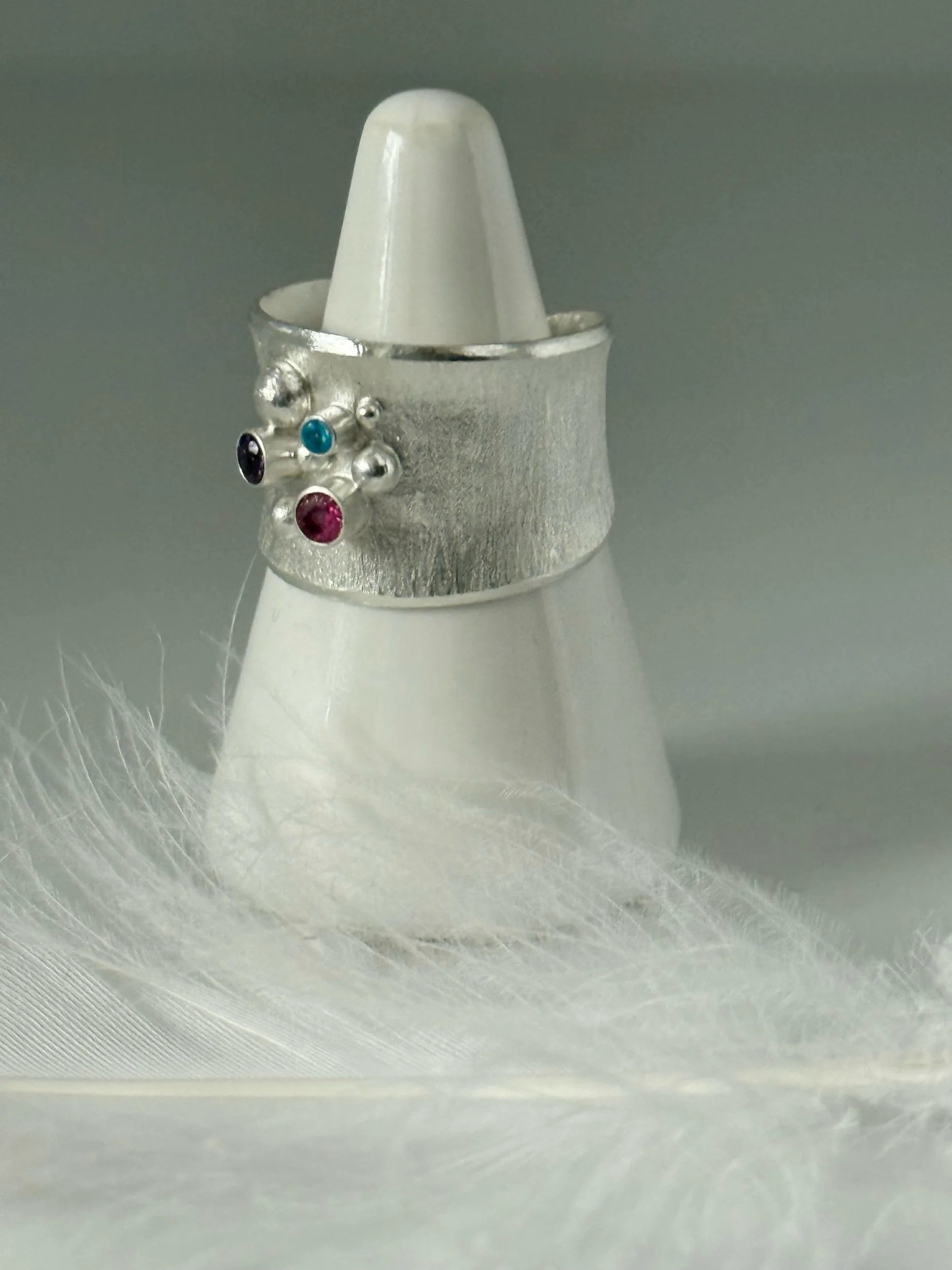 Pink Tourmaline, Amethyst, and Neon Apatite Silver Ring