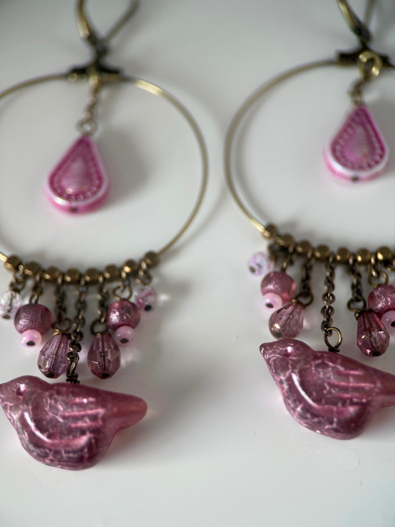 Brass Czech Glass Pink Bird Earrings