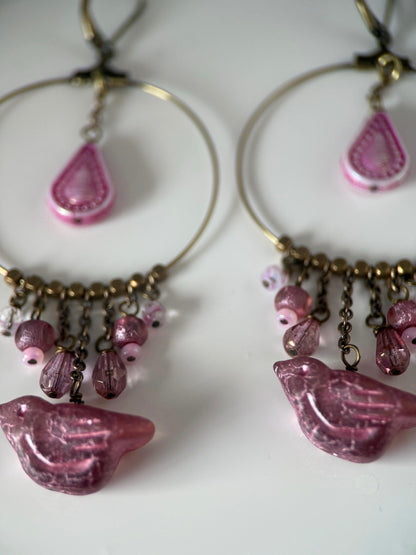 Brass Czech Glass Pink Bird Earrings