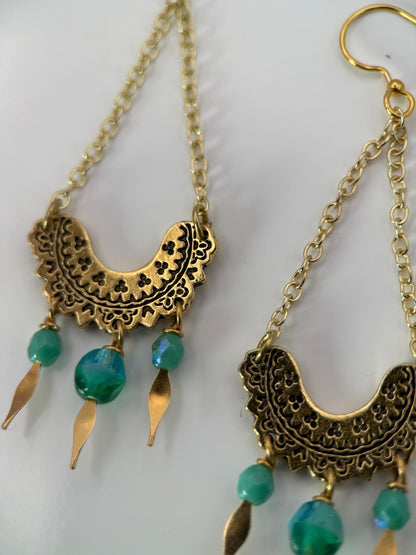 Gold and Turquoise Czech Glass Mandala Earrings