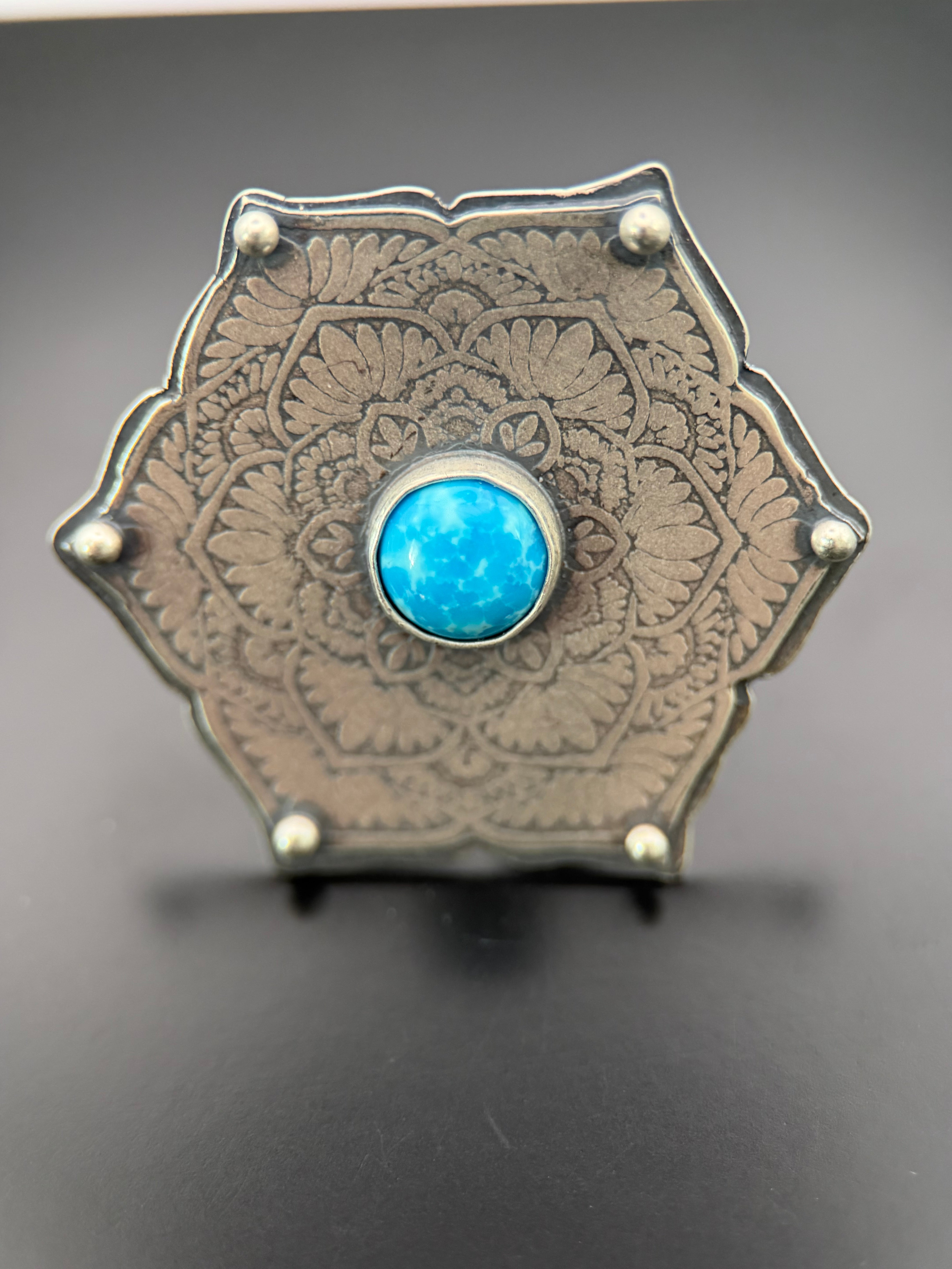 Kingman Turquoise and Silver Mandala Ring