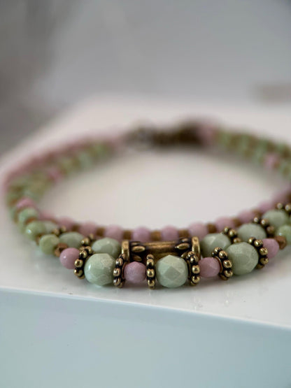 Medium Pink and Green Czech Glass Bracelet and Earrings Set