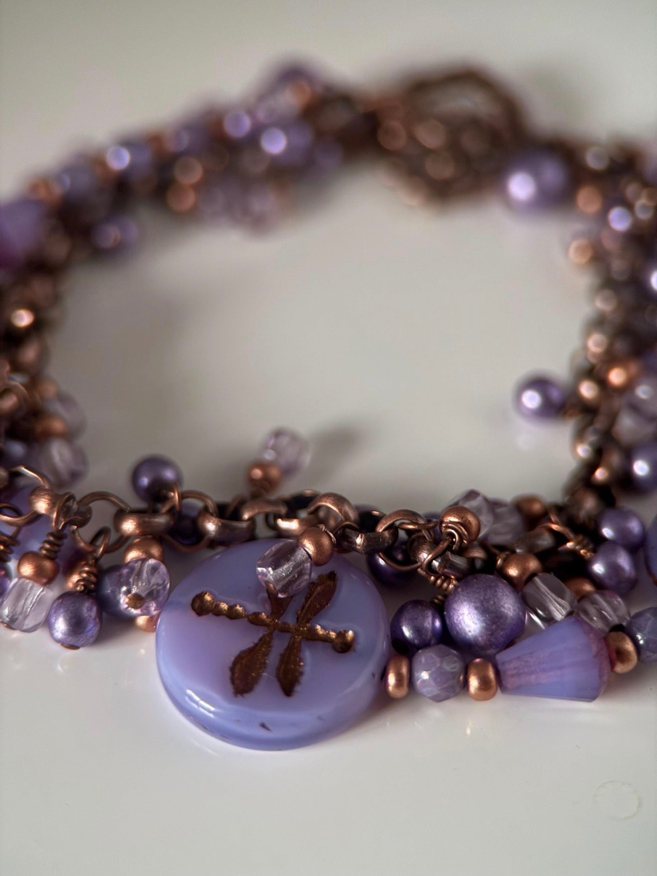 Medium Copper & Lavender Dragonfly Czech Glass Double Strand Bracelet