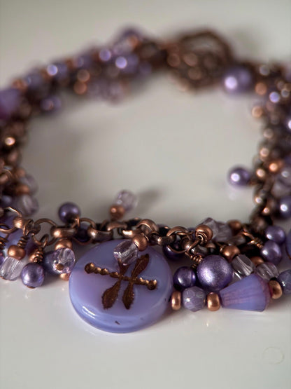 Medium Copper & Lavender Dragonfly Czech Glass Double Strand Bracelet