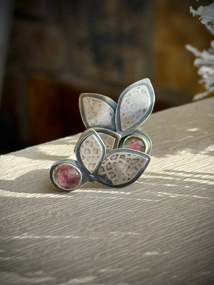 Watermelon Tourmaline 2 Leaf Silver Ring