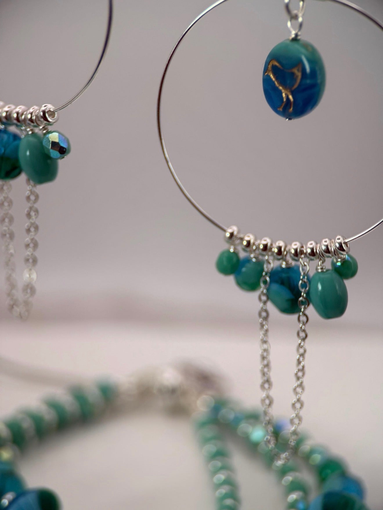 Medium Turquoise Bird Czech Glass Bracelet and Earrings Set