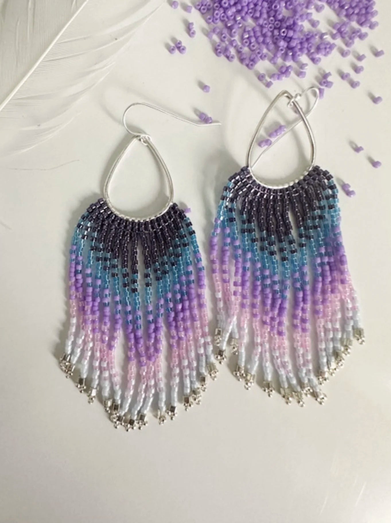Purple and Blue Beaded Fringe Earrings