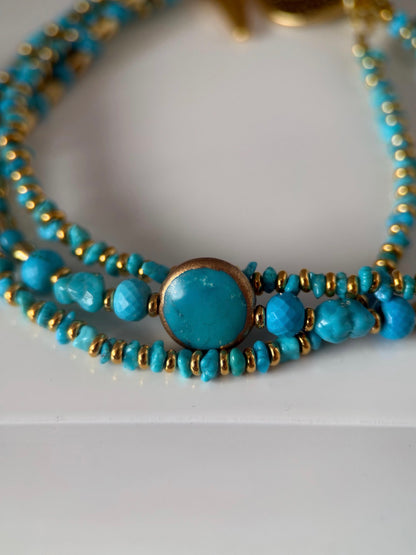 Medium Gold and Turquoise Triple Strand Bracelet and Earrings Set