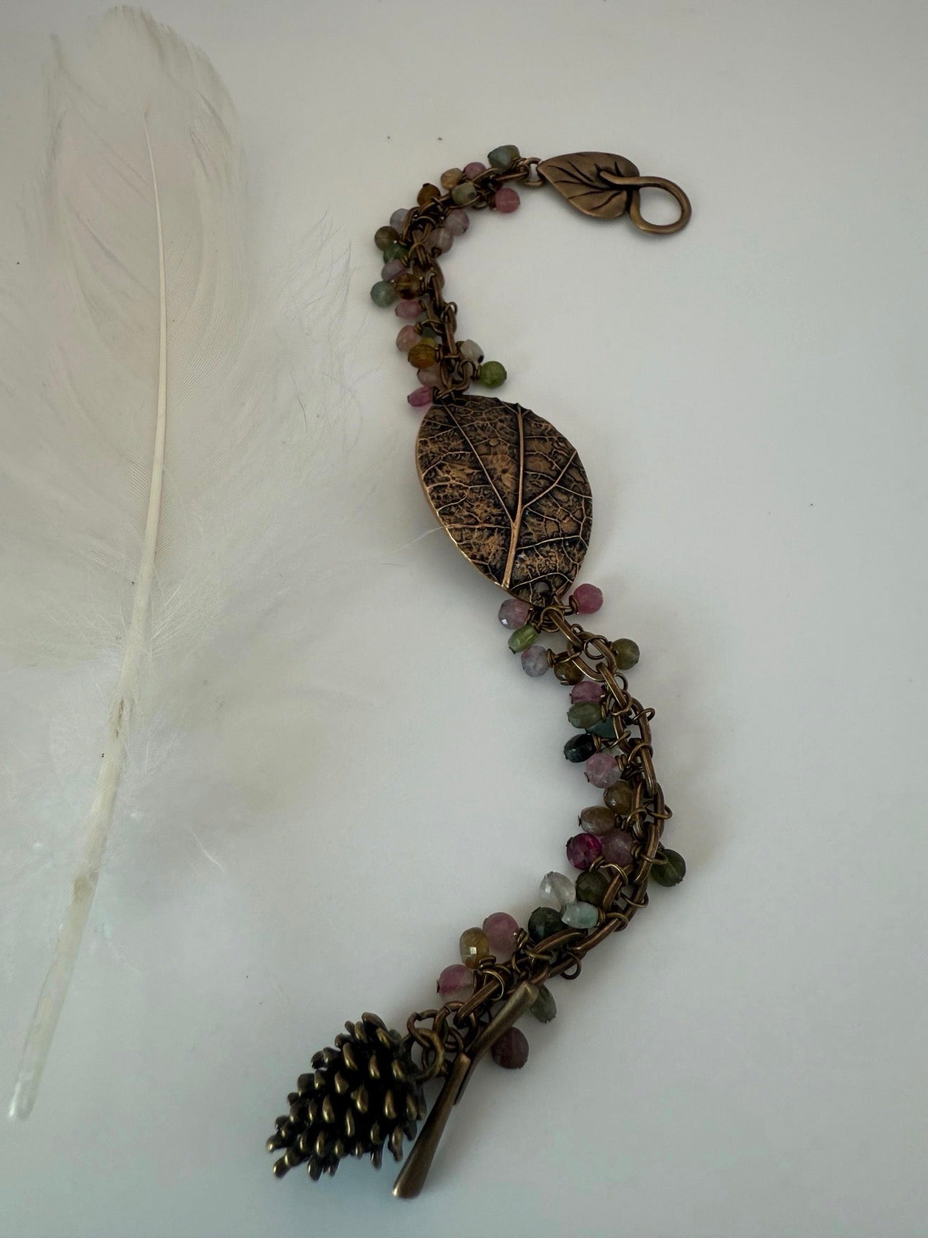 Small Antique Copper and Tourmaline Leaf Bracelet